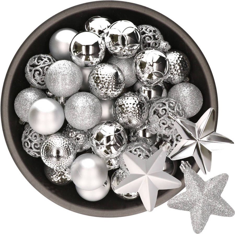 Decoris 43x stuks kunststof kerstballen en sterren ornamenten zilver Kerstbal