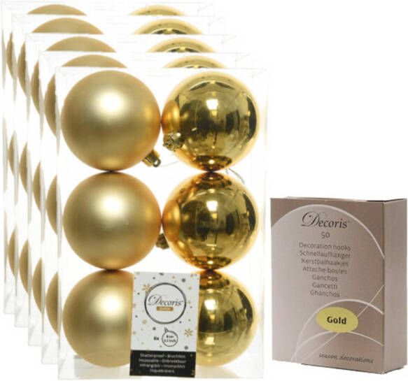 Decoris 48x Kunststof kerstballen glanzend mat goud 8 cm kerstboom versiering decoratie met haakjes Kerstbal