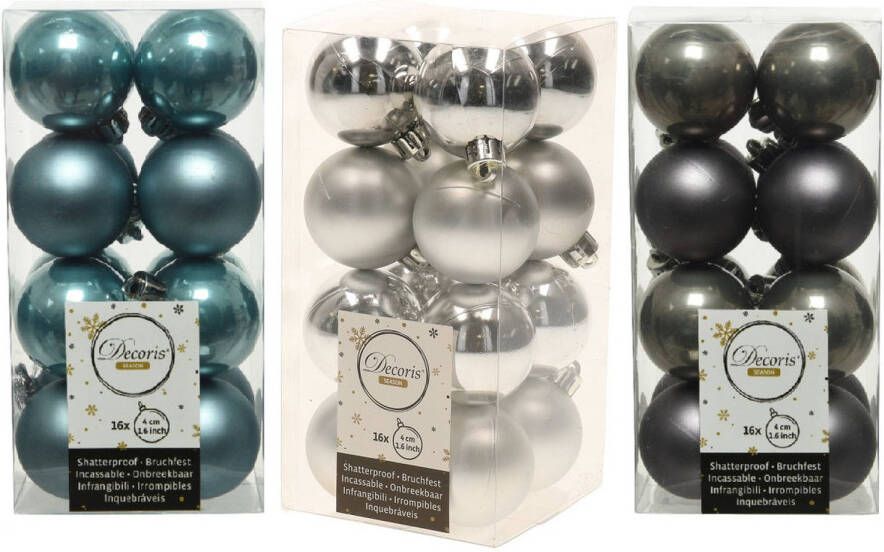 Decoris 48x Stuks kunststof kerstballen mix antraciet grijs zilver ijsblauw 4 cm Kerstbal