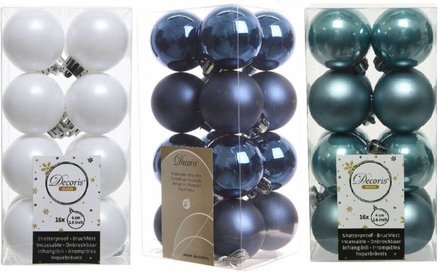 Decoris 48x Stuks kunststof kerstballen mix donkerblauw wit ijsblauw 4 cm Kerstbal