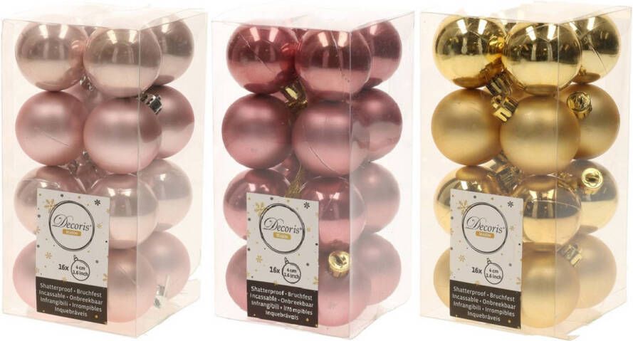 Decoris 48x Stuks kunststof kerstballen mix goud lichtroze oud roze 4 cm Kerstbal