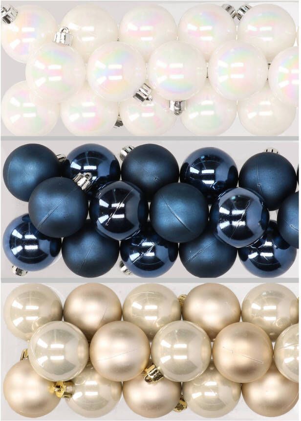 Decoris 48x stuks kunststof kerstballen mix van parelmoer wit donkerblauw en champagne 4 cm Kerstbal