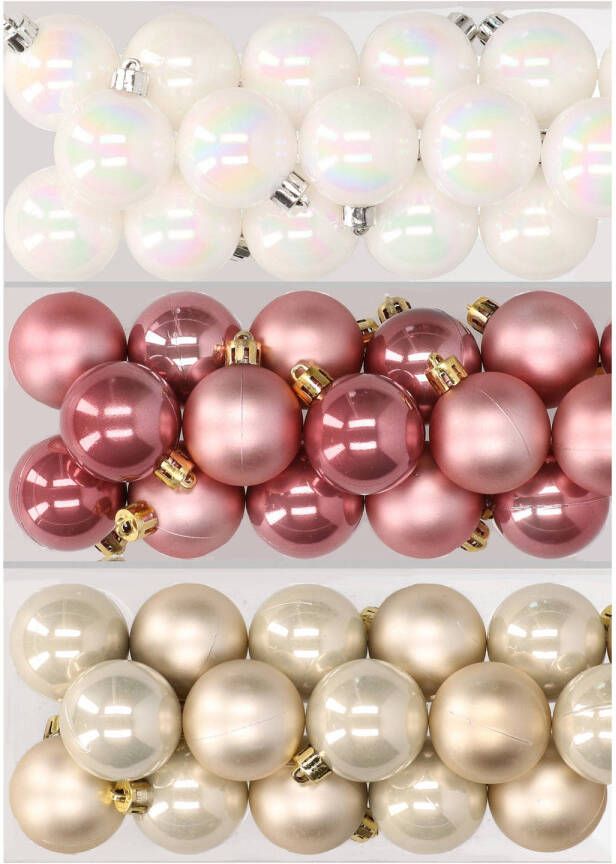 Decoris 48x stuks kunststof kerstballen mix van parelmoer wit oudroze en champagne 4 cm Kerstbal