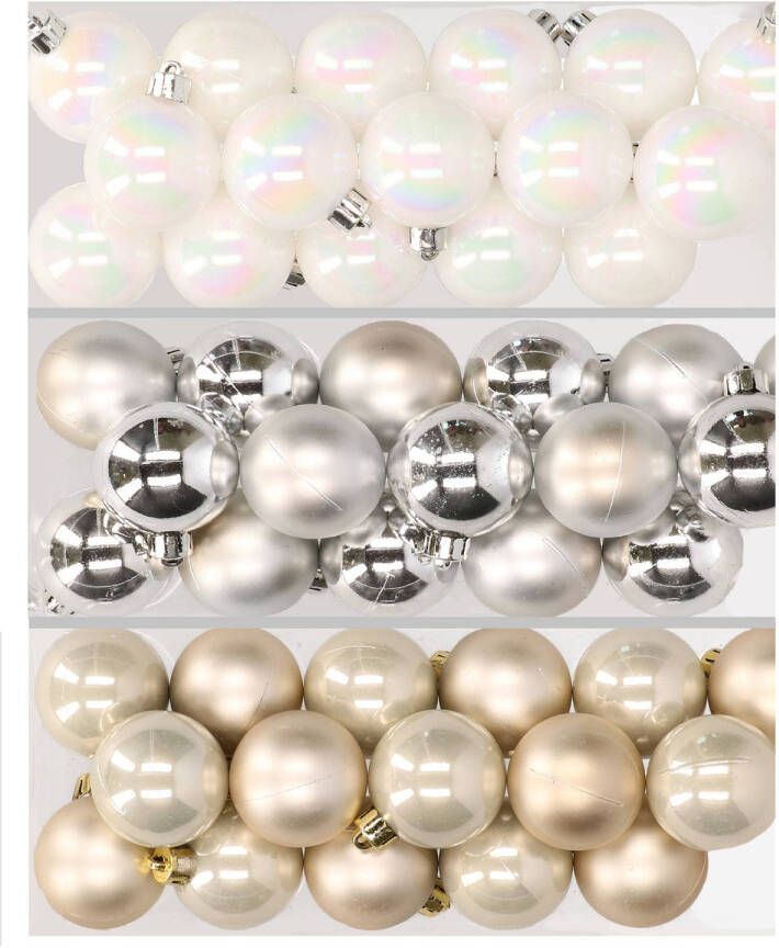 Decoris 48x stuks kunststof kerstballen mix van parelmoer wit zilver en champagne 4 cm Kerstbal