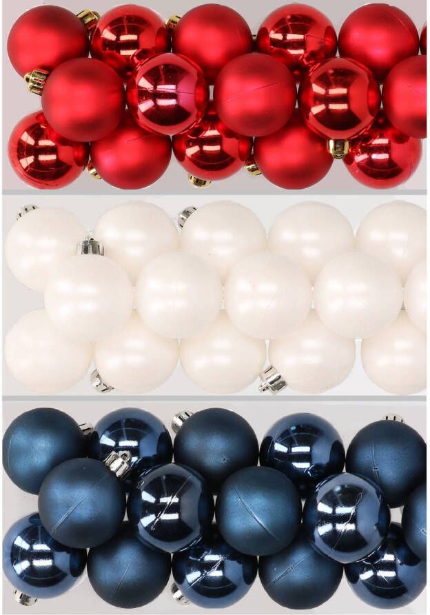 Decoris 48x stuks kunststof kerstballen mix van rood wit en donkerblauw 4 cm Kerstbal