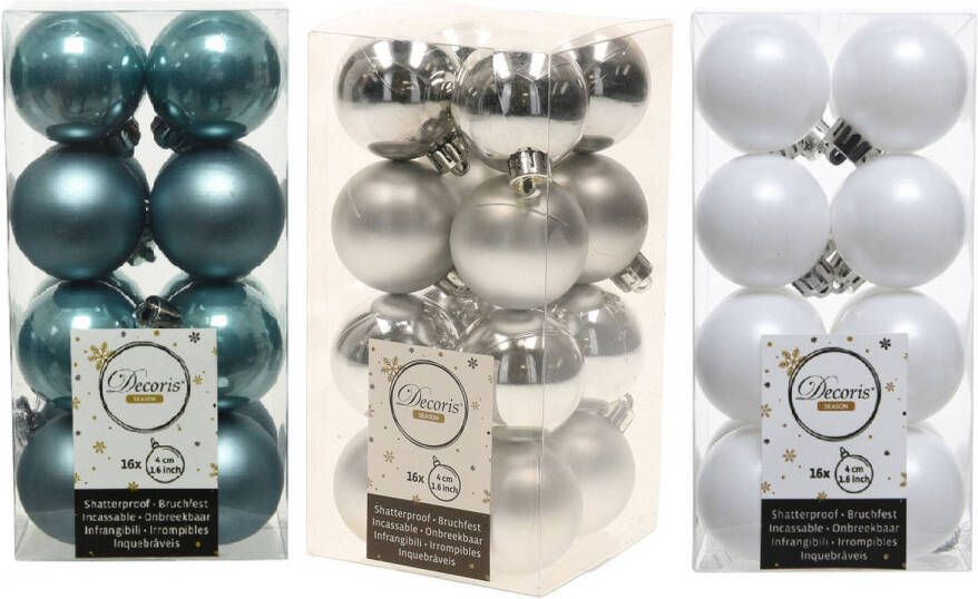 Decoris 48x Stuks kunststof kerstballen mix wit zilver ijsblauw 4 cm Kerstbal