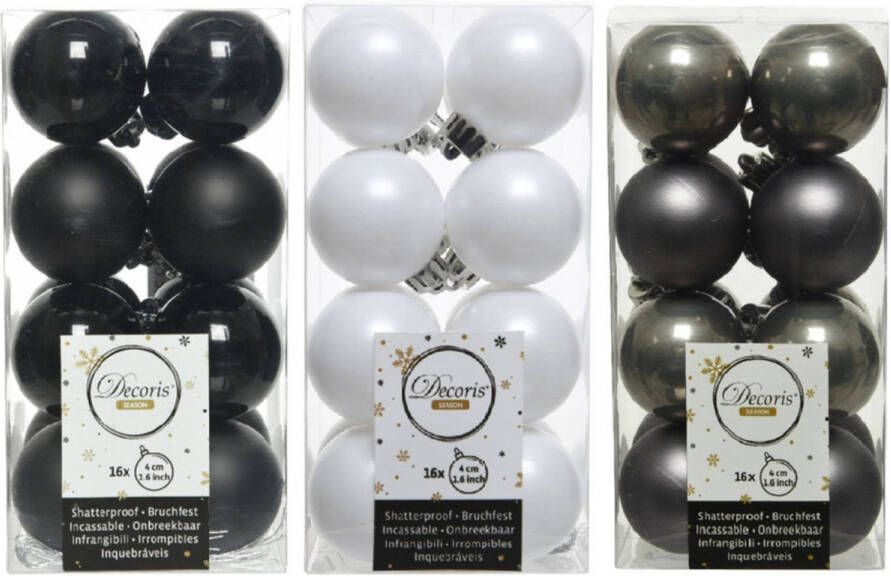 Decoris 48x Stuks kunststof kerstballen mix zwart antraciet grijs wit 4 cm Kerstbal
