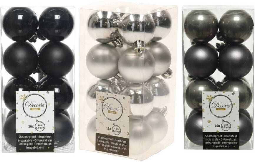 Decoris 48x Stuks kunststof kerstballen mix zwart antraciet grijs zilver 4 cm Kerstbal