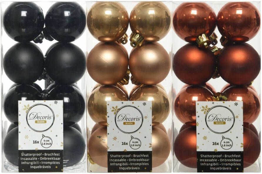 Decoris 48x Stuks kunststof kerstballen mix zwart terra bruin camel bruin 4 cm Kerstbal