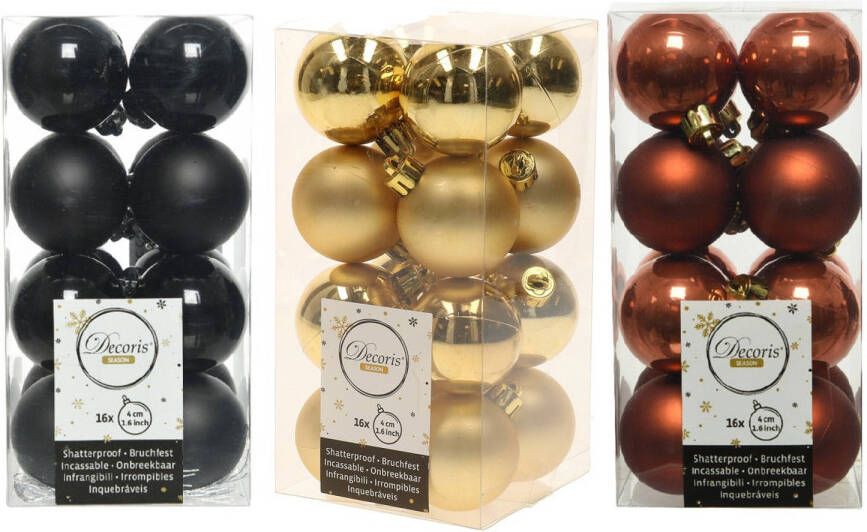 Decoris 48x Stuks kunststof kerstballen mix zwart terra bruin goud 4 cm Kerstbal