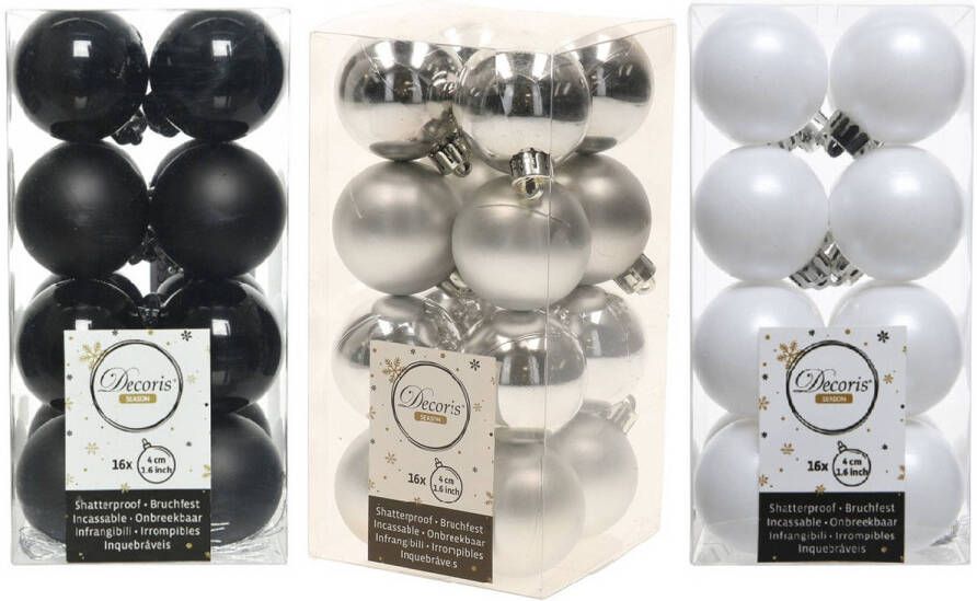Decoris 48x Stuks kunststof kerstballen mix zwart zilver wit 4 cm Kerstbal