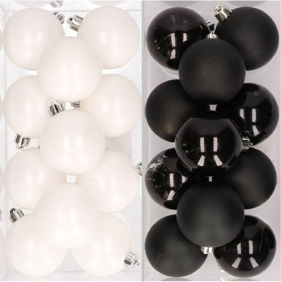 Decoris 48x stuks kunststof kerstballen zwart en wit 6 cm Kerstbal