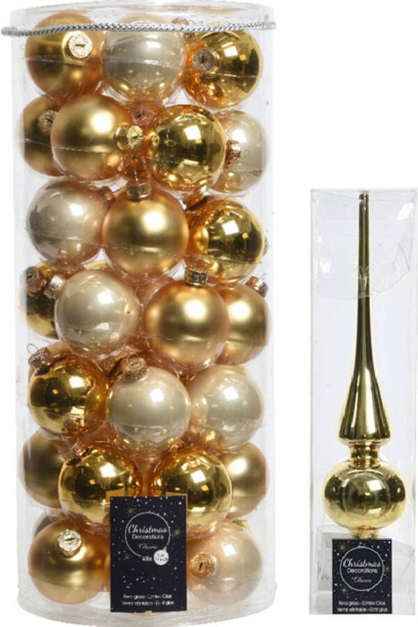 Decoris 49x stuks glazen kerstballen goud 6 cm inclusief gouden piek Kerstbal
