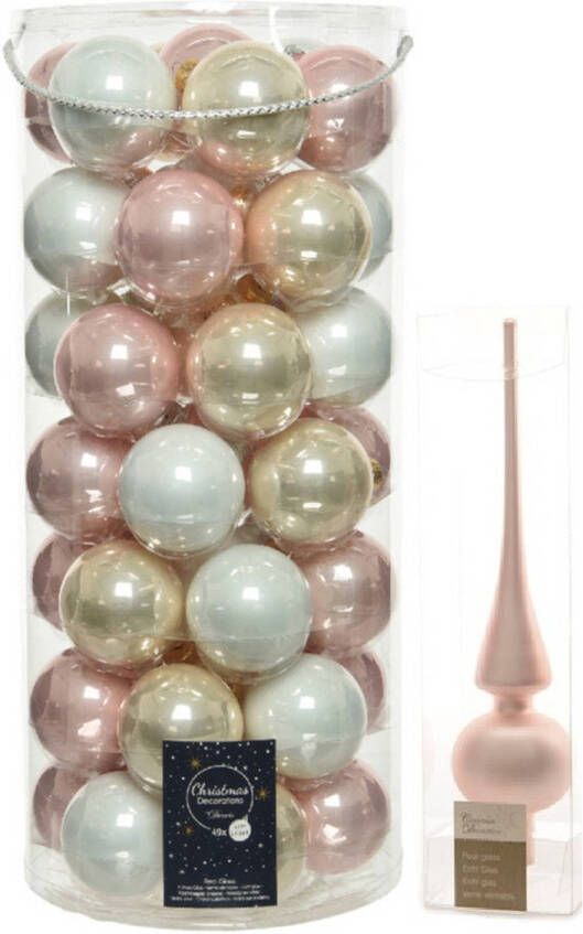 Decoris 49x stuks glazen kerstballen lichtroze parel wit 6 cm inclusief lichtroze piek Kerstbal