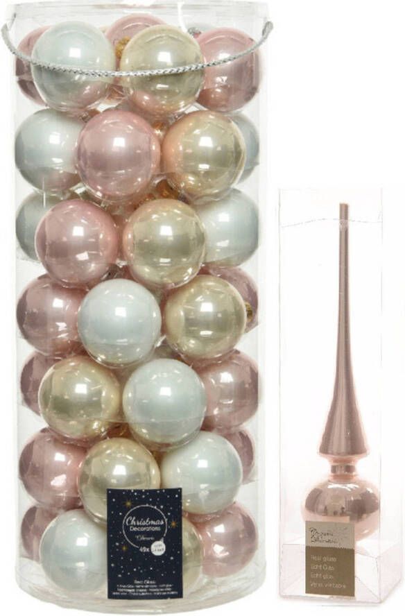 Decoris 49x stuks glazen kerstballen lichtroze parel wit 6 cm inclusief lichtroze piek Kerstbal