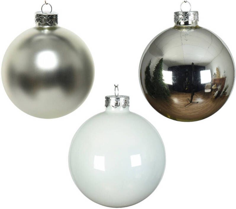 Decoris 49x stuks glazen kerstballen wit en zilver 6 cm glans en mat Kerstbal