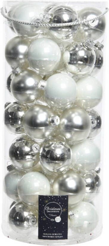 Decoris 49x stuks glazen kerstballen wit zilver 6 cm glans en mat Kerstbal