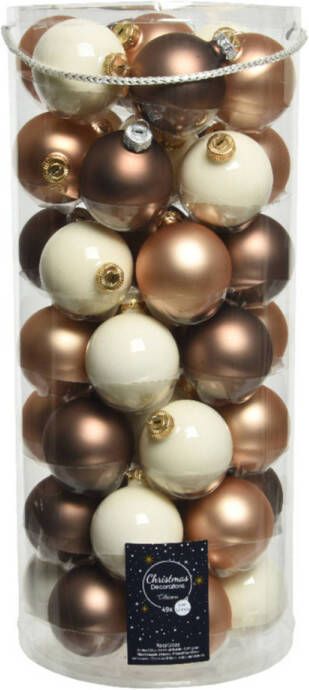 Decoris 49x stuks glazen kerstballen wolwit en bruin tinten 6 cm glans en mat Kerstbal