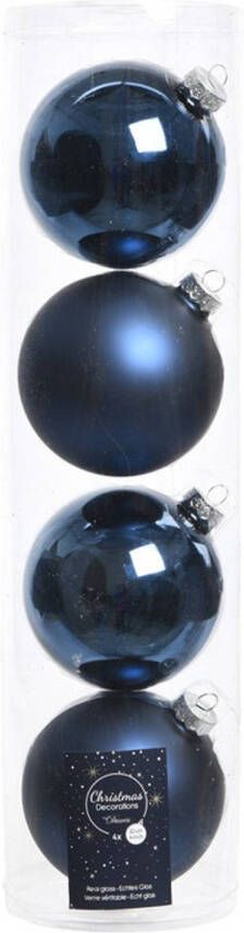 Decoris Tubes met 12x donkerblauwe kerstballen van glas 10 cm glans en mat Kerstbal