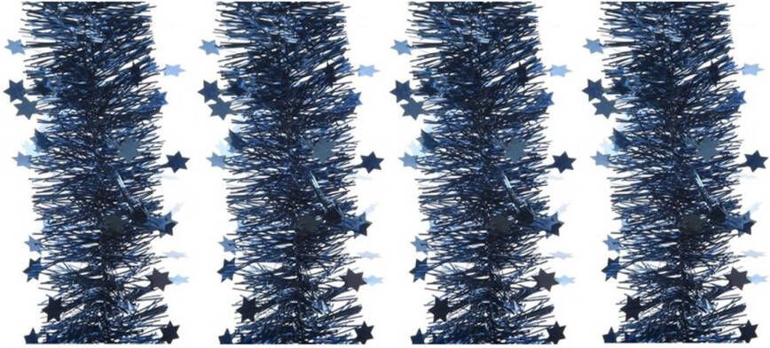 Decoris 4x Kerst lametta guirlande donkerblauw sterren glinsterend 10 x 270 cm kerstboom versiering decoratie Kerstslingers