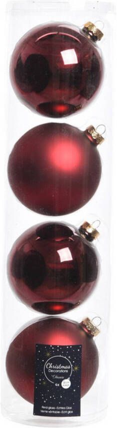 Decoris Tube met 12x donkerrode kerstballen van glas 10 cm glans en mat Kerstbal