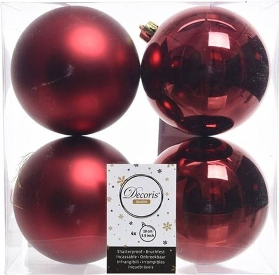 Decoris 4x Kunststof kerstballen glanzend mat donkerrood 10 cm kerstboom versiering decoratie Kerstbal