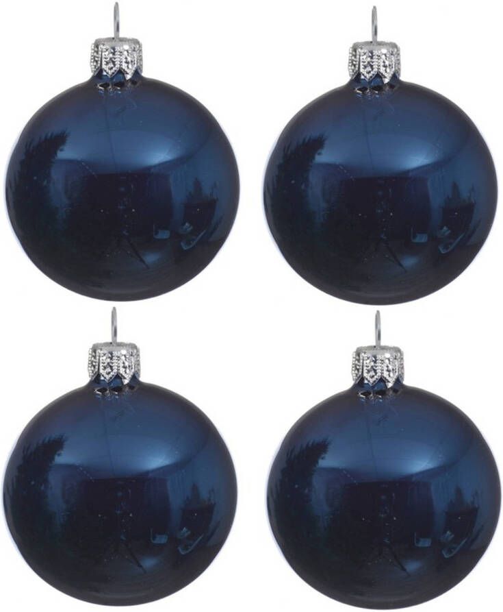 Decoris 4x Glazen kerstballen glans donkerblauw 10 cm kerstboom versiering decoratie Kerstbal