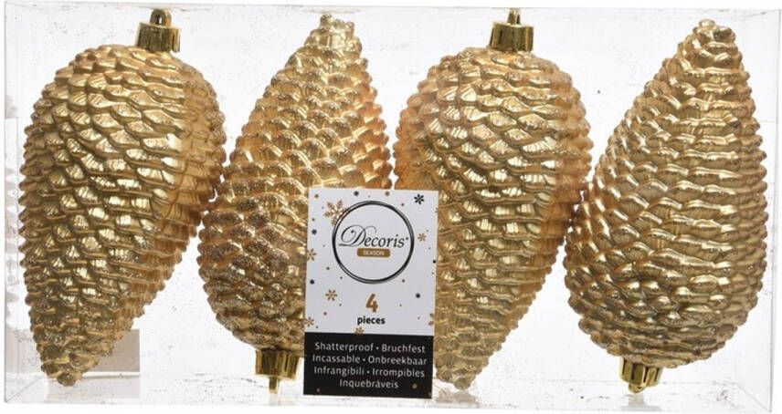 Decoris 4x Gouden dennenappels kerstballen 12 cm kunststof glitter Kersthangers