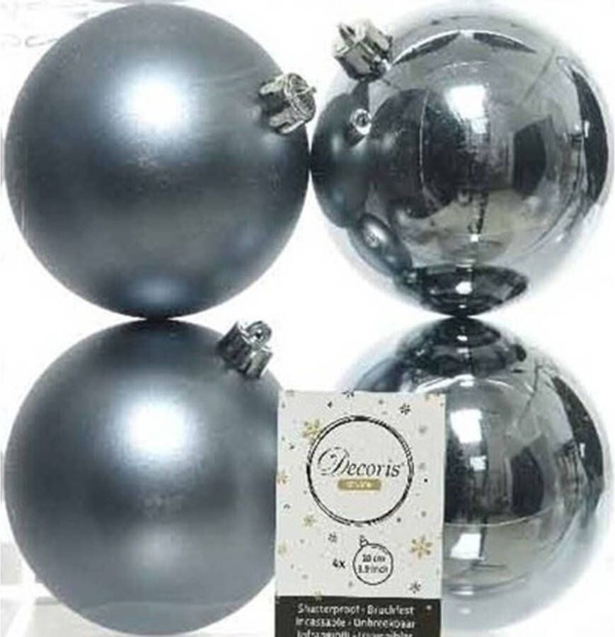 Decoris 4x Kunststof kerstballen glanzend mat grijsblauw 10 cm kerstboom versiering decoratie Kerstbal