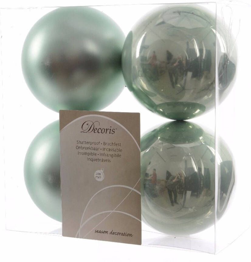 Decoris 4x Kunststof kerstballen glanzend mat mintgroen 10 cm kerstboom versiering decoratie Kerstbal