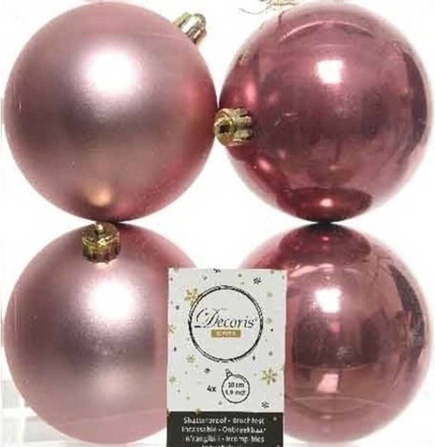 Decoris 4x Kunststof kerstballen glanzend mat oud roze 10 cm kerstboom versiering decoratie Kerstbal