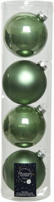 Decoris Tubes met 12x salie groene kerstballen van glas 10 cm glans en mat Kerstbal