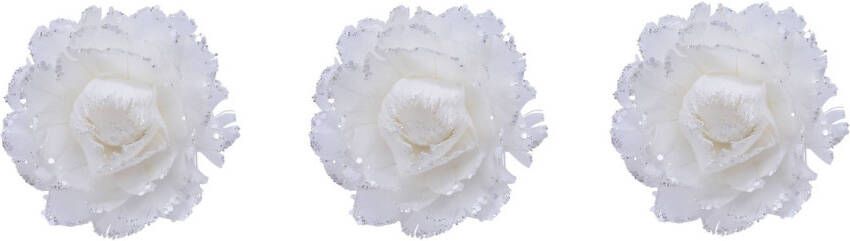 Decoris 4x stuks decoratie bloemen wit met veertjes op clip 11 cm Kunstbloemen