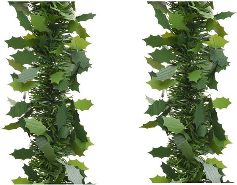 Decoris 4x stuks groene lametta folie guirlandes slingers met hulstblad 10 x 270 cm Kerstslingers