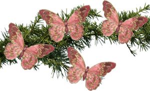 Decoris 4x Stuks Kerstboom Decoratie Vlinders Op Clip Glitter Roze 18 Cm Kersthangers