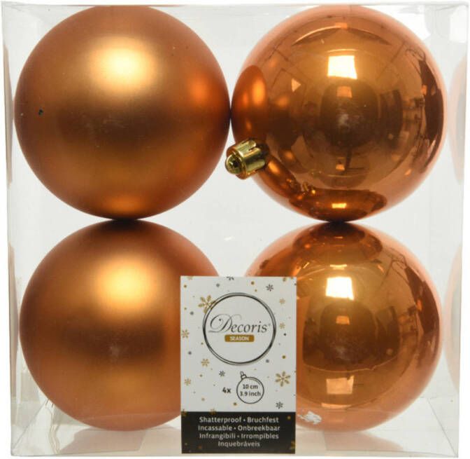 Decoris 4x stuks kunststof kerstballen cognac bruin (amber) 10 cm glans mat Kerstbal