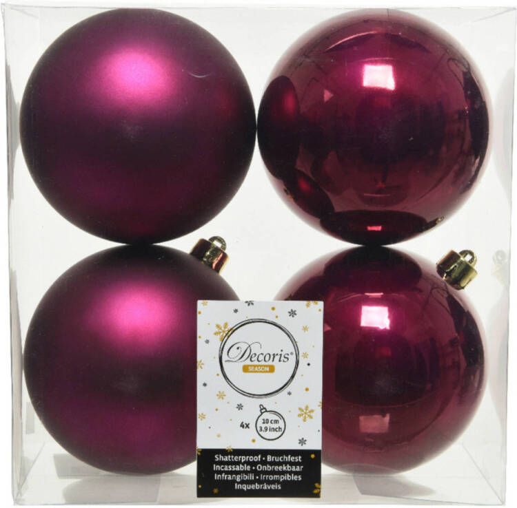 Decoris 4x stuks kunststof kerstballen framboos roze (magnolia) 10 cm glans mat Kerstbal