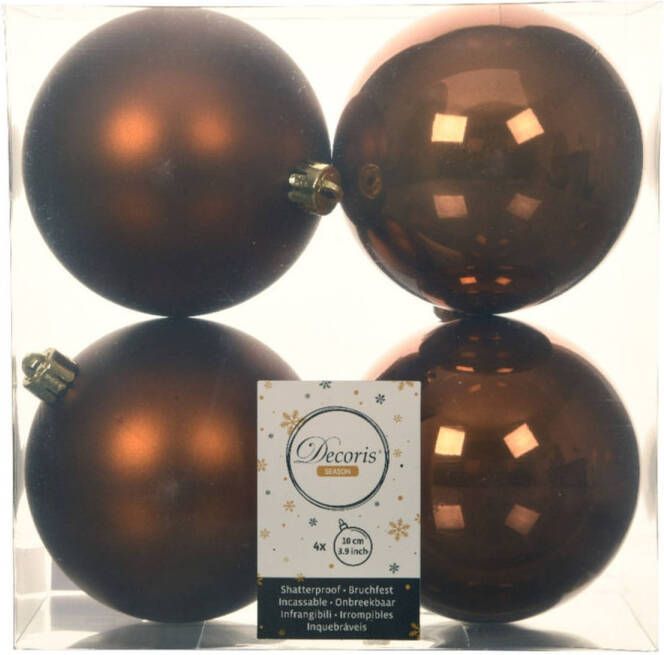 Decoris 4x stuks kunststof kerstballen kaneel bruin 10 cm glans mat Kerstbal