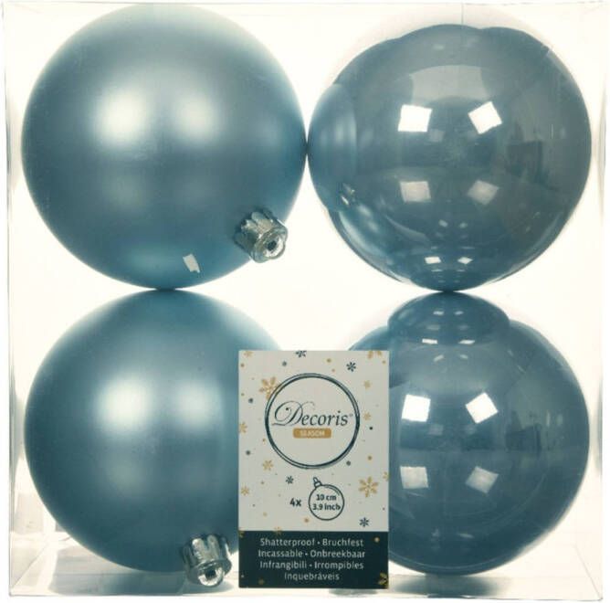 Decoris 4x stuks kunststof kerstballen lichtblauw 10 cm glans mat Kerstbal