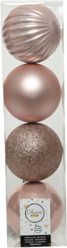 Decoris 4x stuks kunststof kerstballen lichtroze (blush pink) 10 cm Kerstbal