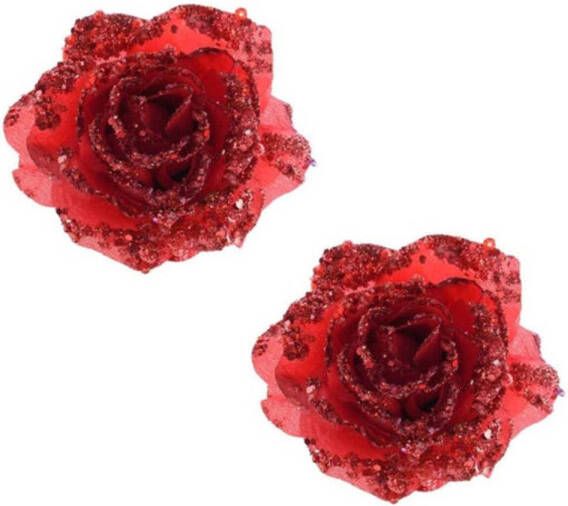 Decoris 4x stuks rode glitter rozen met clip Kunstbloemen