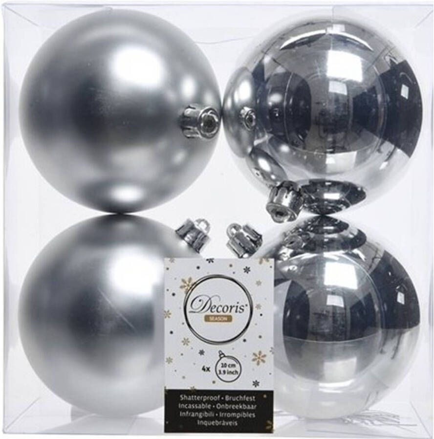 Decoris 4x Kunststof kerstballen glanzend mat zilver 10 cm kerstboom versiering decoratie Kerstbal