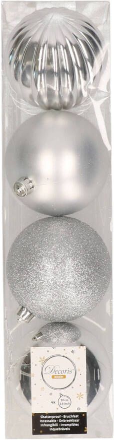 Decoris 4x Zilveren kerstballen 10 cm kunststof mix Kerstbal
