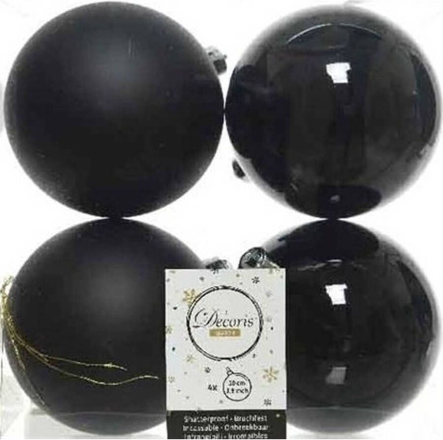 Decoris 4x Kunststof kerstballen glanzend mat zwart 10 cm kerstboom versiering decoratie Kerstbal