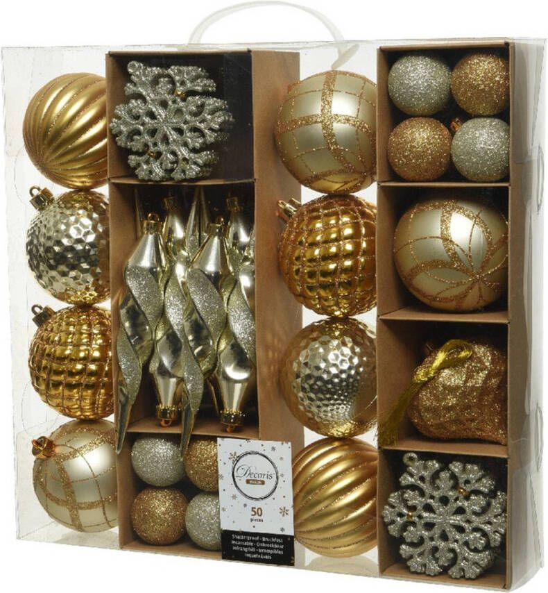 Decoris 50x Kunststof kerstballen mix goud 4-8-15 cm kerstboom versiering decoratie Kerstbal