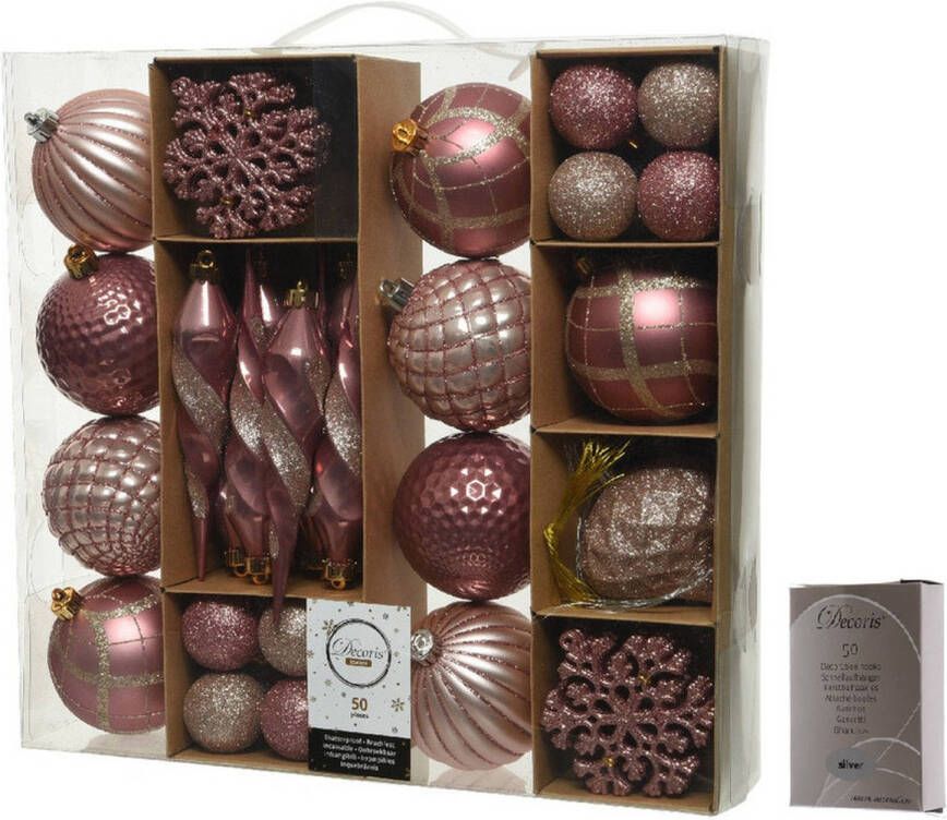 Decoris 50x Roze kerstballen en figuren 4-8-15 cm kunststof mix incl. ophanghaakjes Kerstbal