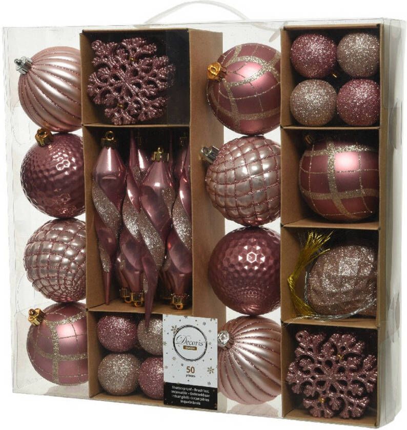 Decoris 50x Roze kerstballen en figuur hangers 4-8-15 cm kunststof Kerstbal