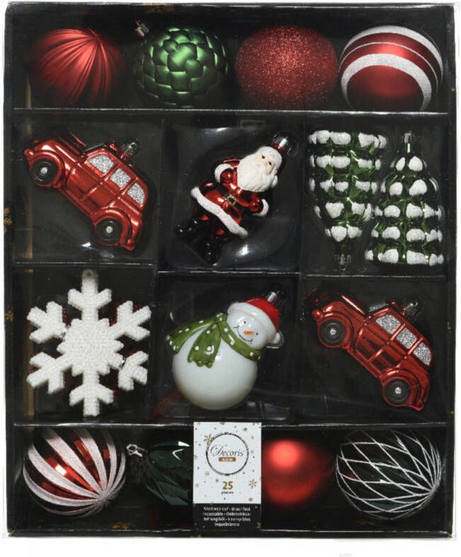 Decoris 25x stuks kerstballen en kersthangers figuurtjes rood wit groen kunststof Kersthangers