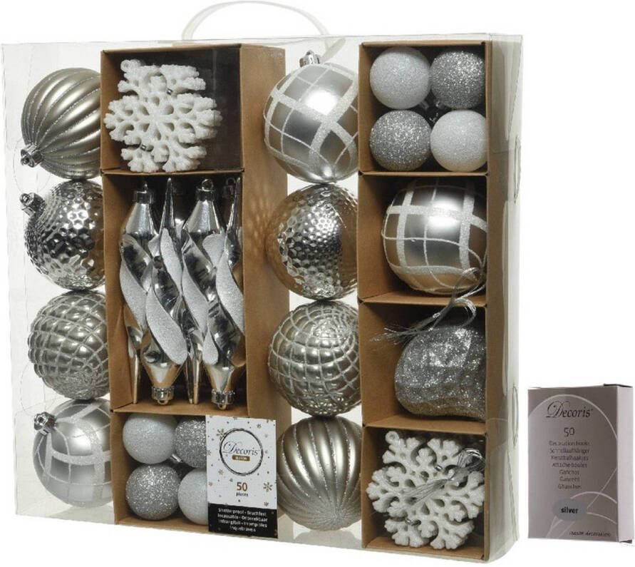 Decoris 50x Zilveren kerstballen en figuren 4-8-15 cm kunststof mix incl. ophanghaakjes Kerstbal