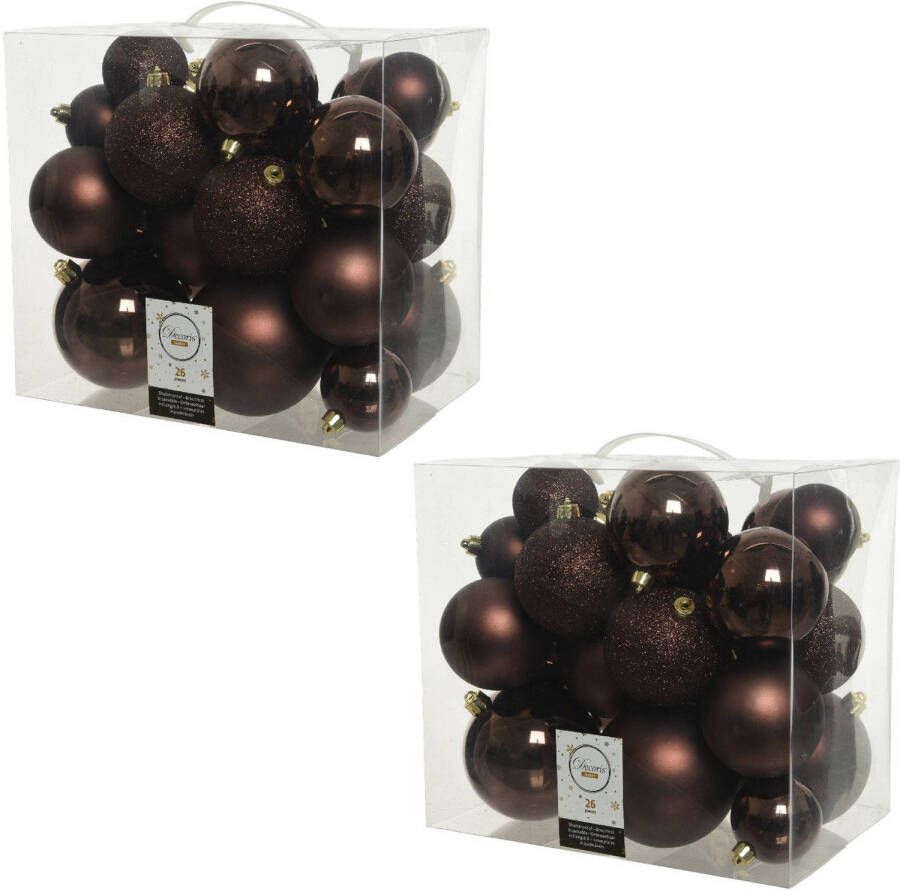 Decoris 52x Kunststof kerstballen mix donkerbruin 6-8-10 cm kerstboom versiering decoratie Kerstbal